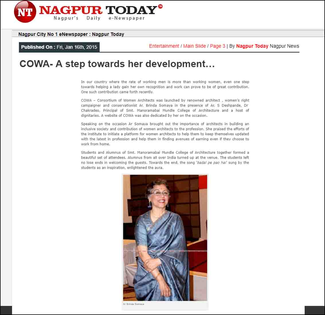 COWA - A Step Towards her development - Nagpur Today - January 2015